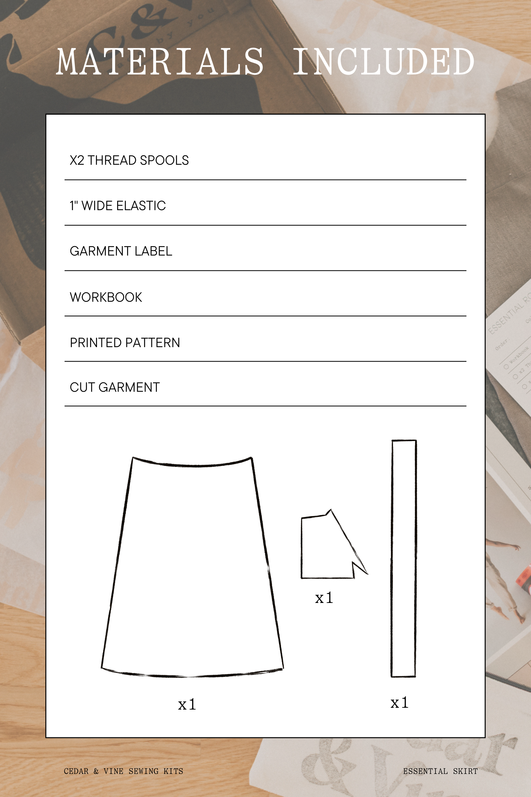 List of materials included in a sewing kit with thread spools, elastic, garment label, workbook, printed pattern, and cut garment on a white background.