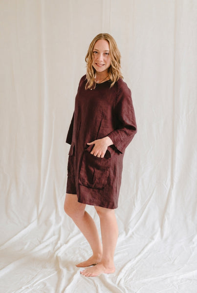 チュニック COTTON LINEN VINTAGE EVENING DRESS TUNIC C028---pintucked V-neck Linen Tunic Dress, 3/4 Sleeves, Decored